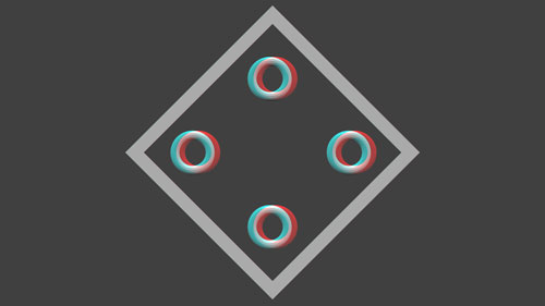 Abbildung 12: Testbild 2 Diamantrahmen: Disparität = 0,<br />Kreise: gekreuzte Disparität = 70 Pix, proportionale Größe