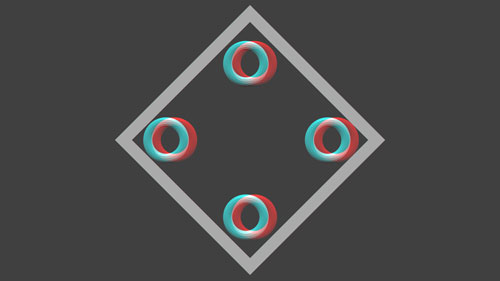 Abbildung 13: Testbild 3 Diamantrahmen: Disparität = 0,<br />Kreise: gekreuzte Disparität = 80 Pix, proportionale Größe